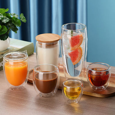 tazas de café de cristal de la pared del doble de 250ml 350ml 450ml con la tapa de bambú