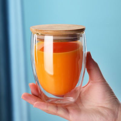 tazas de café de cristal de la pared del doble de 250ml 350ml 450ml con la tapa de bambú