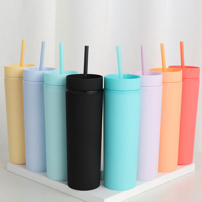 vasos de acrílico plásticos de la pared del doble 16oz reutilizables con la paja