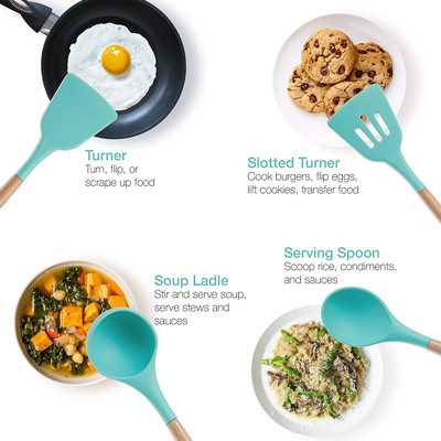 Utensilios de cocinar de la cocina verde del silicón fijados con las manijas de bambú de madera