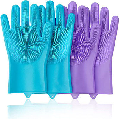 Guantes reutilizables del silicón del lavaplatos púrpura y azul para la limpieza