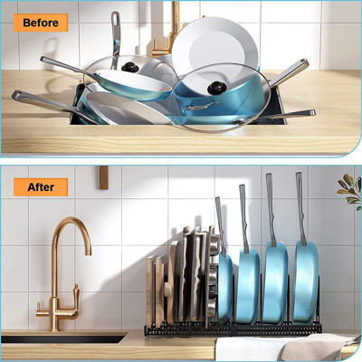 Pote ajustable y Pan Organizer Rack For Cabinet del metal negro