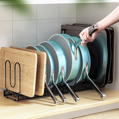 Pote ajustable y Pan Organizer Rack For Cabinet del metal negro