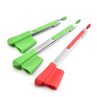 Ensalada de acero inoxidable cocinar barbacoa espátula clips de silicona 2 en 1