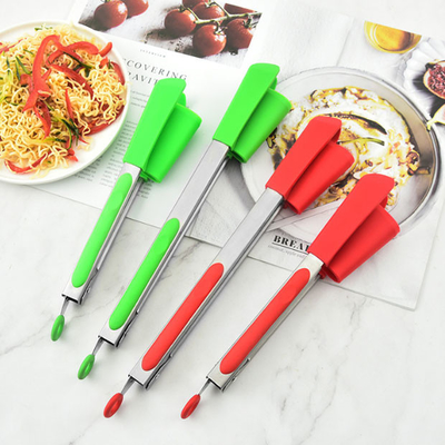 Ensalada de acero inoxidable cocinar barbacoa espátula clips de silicona 2 en 1