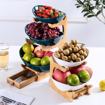 2 verdes blancos cuenco de fruta de cerámica de 3 gradas con el soporte de madera de bambú para la encimera