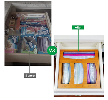 Organizador de bambú For Food del almacenamiento del bolso de Ziploc de los utensilios de la cocina del cajón
