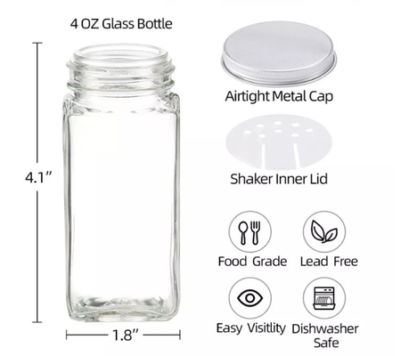 tarros cuadrados de la especia de la cocina de 12pcs 120ml con las tapas de Shaker Lids And Airtight Metal