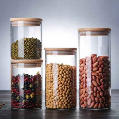 Altos contenedores de almacenamiento de la especia del vidrio de Borosilicate con las tapas de bambú