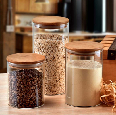 Altos contenedores de almacenamiento de la especia del vidrio de Borosilicate con las tapas de bambú