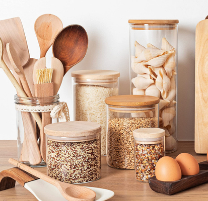 Altos contenedores de almacenamiento de la especia del vidrio de Borosilicate con las tapas de bambú