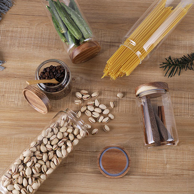 contenedor de almacenamiento de cristal de la comida de 700ml 1000ml 1300ml con la tapa de madera hermética