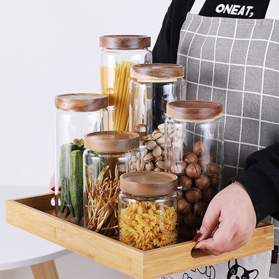 contenedor de almacenamiento de cristal de la comida de 700ml 1000ml 1300ml con la tapa de madera hermética