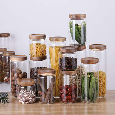 contenedor de almacenamiento de cristal de la comida de 700ml 1000ml 1300ml con la tapa de madera hermética