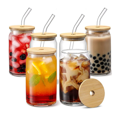 16oz claro Mason Soda Juice Glass Jars con las tapas de bambú y la paja de cristal