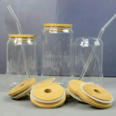 16oz claro Mason Soda Juice Glass Jars con las tapas de bambú y la paja de cristal