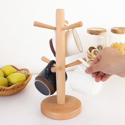 Árbol a granel de madera de la encimera del estante de la taza de café de las fuentes de la cocina con 6 ganchos