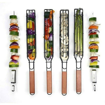 Kabob de madera antiadherente de la cesta de la parrilla de la BARBACOA de la manija que asa a la parrilla cestas