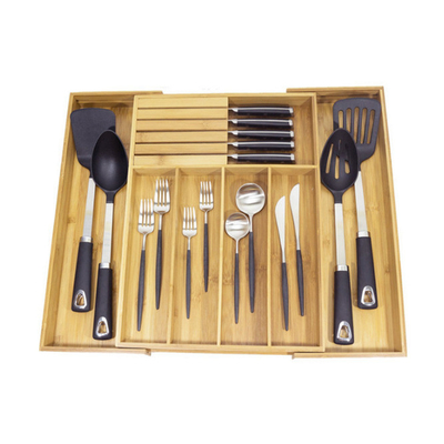 Organizador de bambú extensible Tray de los cubiertos del cajón de los cubiertos de los utensilios de la cocina