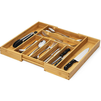 Organizador de bambú extensible Tray de los cubiertos del cajón de los cubiertos de los utensilios de la cocina