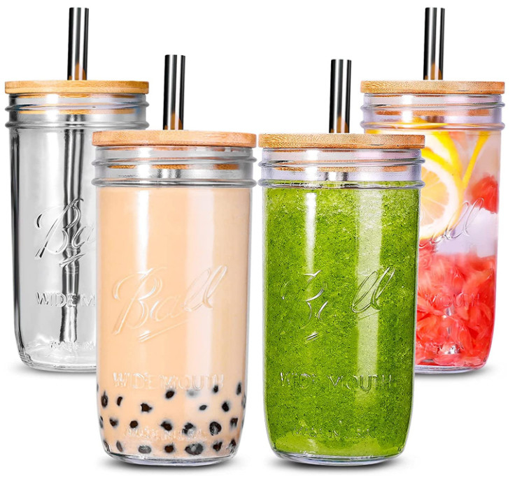 tazas anchas reutilizables de los vidrios de consumición del tarro de Mason Mouth Smoothie Cups Mason de las tazas de té de la burbuja 500ml